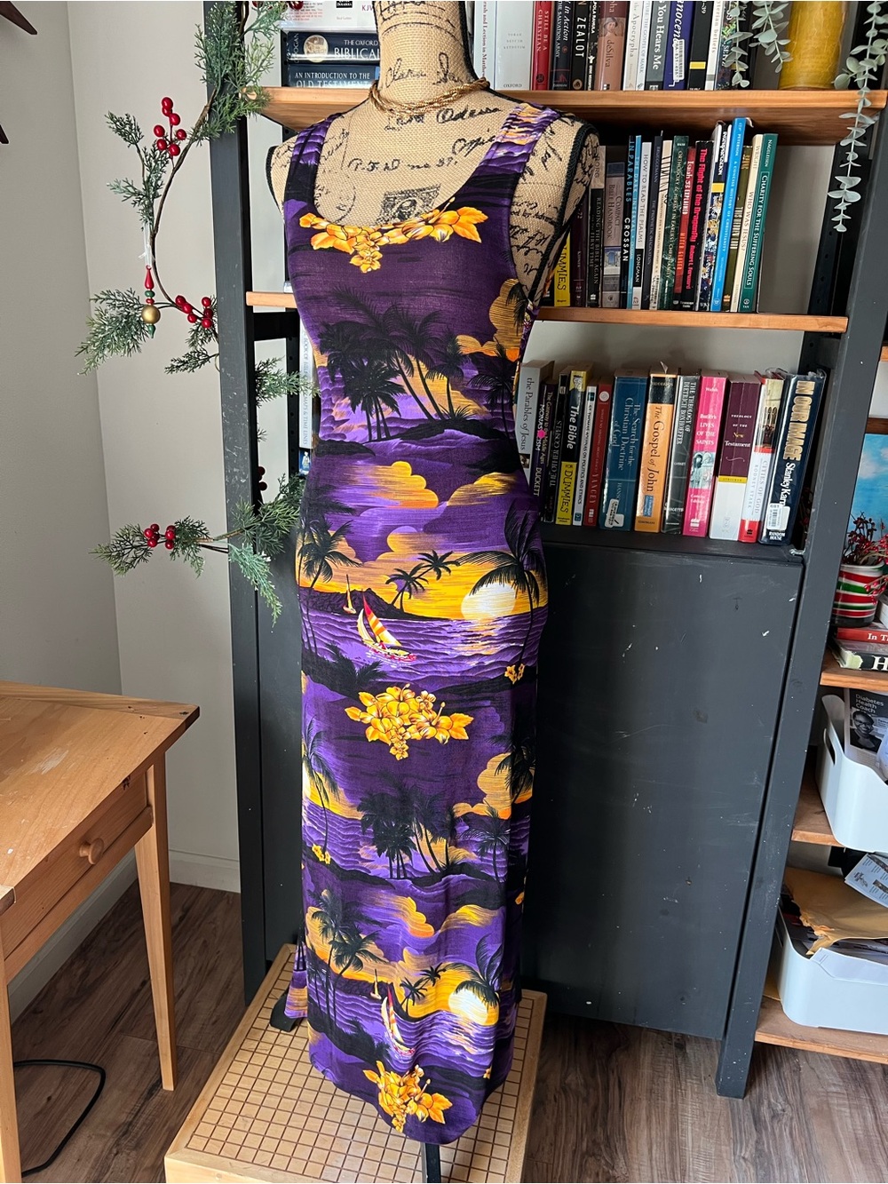 Sleeveless Tropical Print Maxi Dress in Purple & Yellow/ made in USA